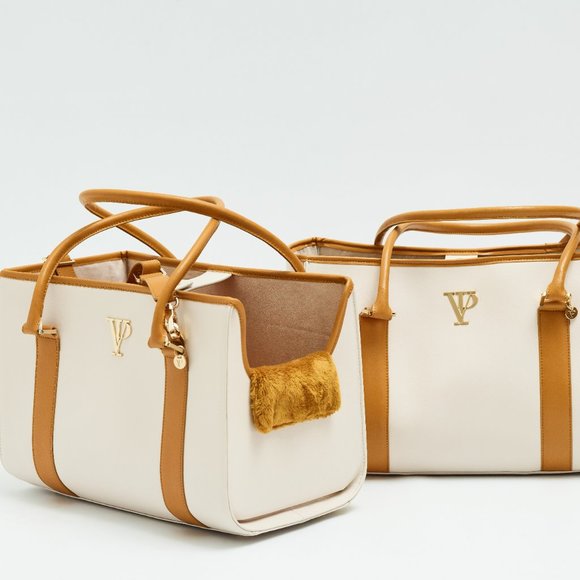 Ivory and Gold Leather Luxury Dog Carrier, Dog Bag, Dog tote for small dogs - Picture 2 of 9